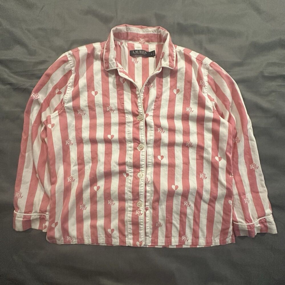 Lauren Ralph Lauren Sleepwear Shirt Striped Button Down Pink Barbie Hearts Y2K
